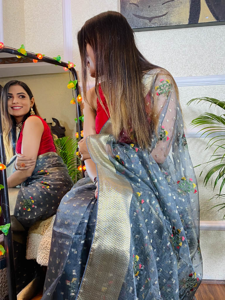 Smoky Grey Organza Silk Saree