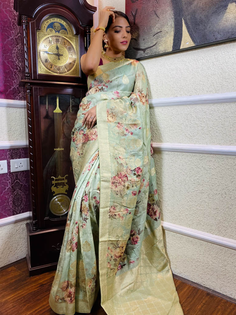 Frost Green Designer Banarasi Silk Saree
