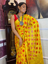 Sacred Yellow Red Georgette Bandhej Saree