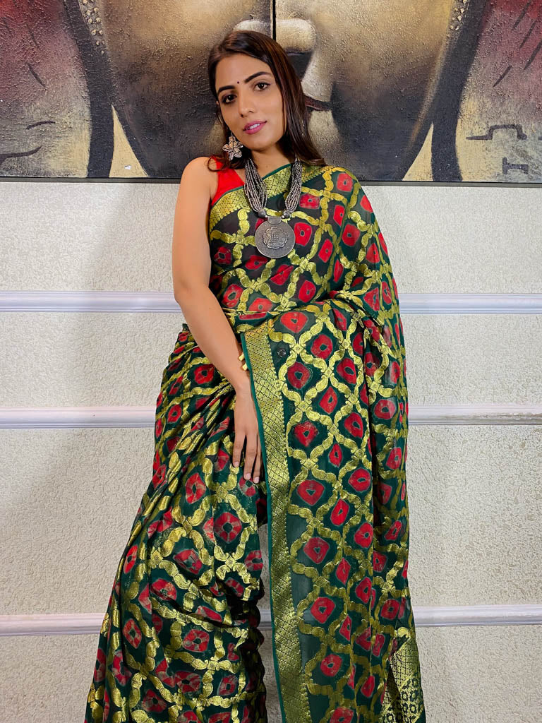 Bottle Green Georgette Bandhej Saree