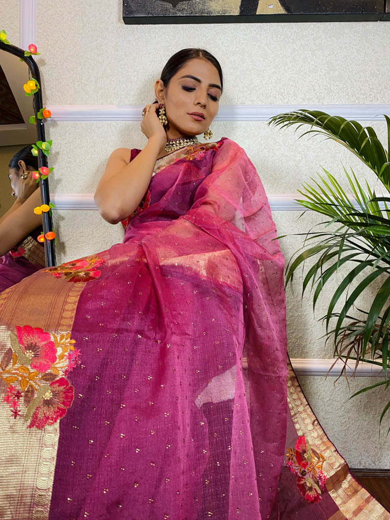 Magenta Purple Organza Silk Saree