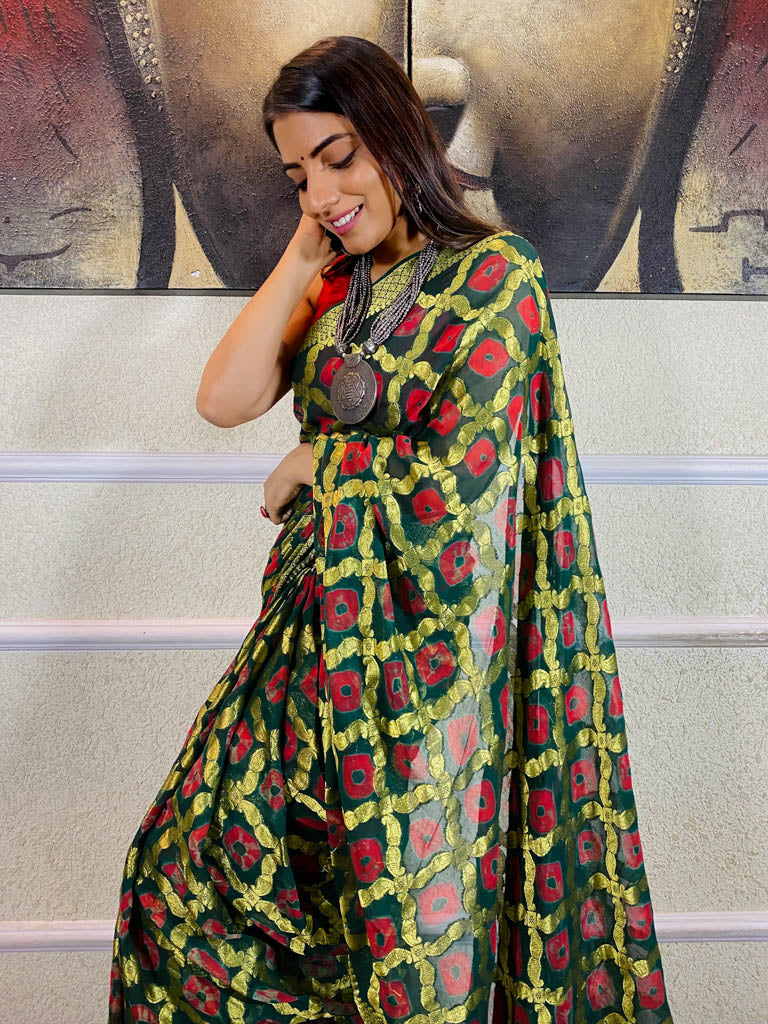 Bottle Green Georgette Bandhej Saree
