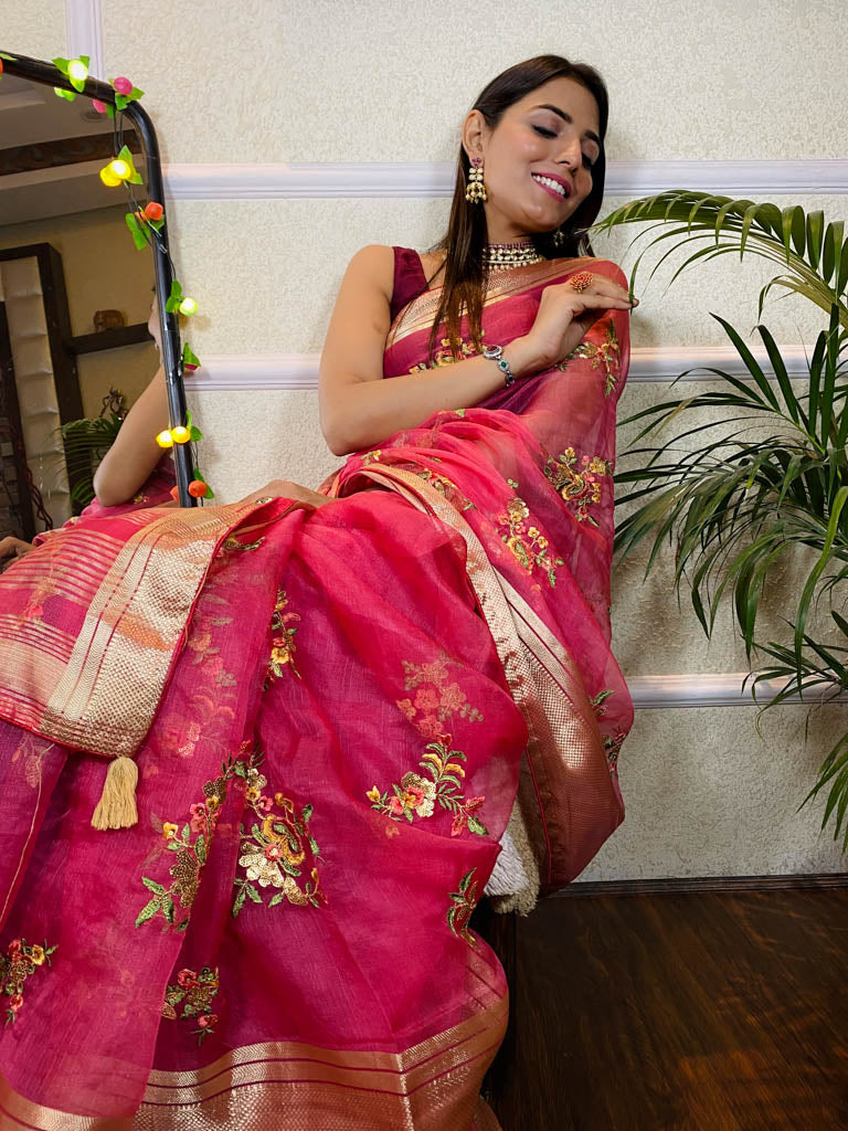Onion Pink Organza Silk Saree