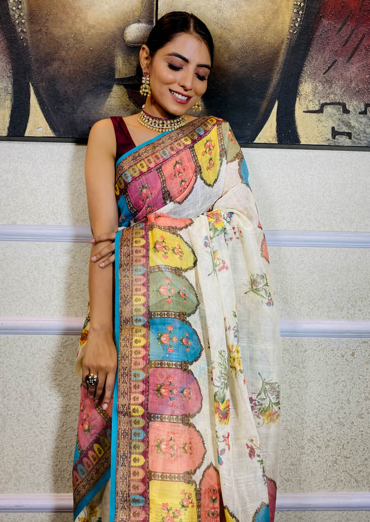 Daisy White Linen Sequined Saree