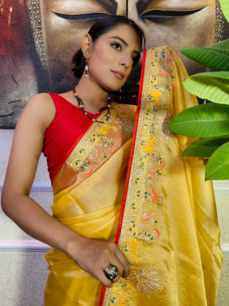 Canary yellow Organza Silk Saree