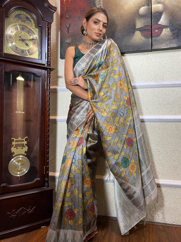 Midnight Grey Kalamkari Handloom Tussar Silk Saree