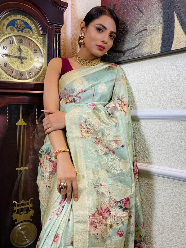 Frost Green Designer Banarasi Silk Saree