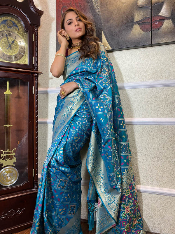 Cerulean Blue Katan Silk Patola Saree