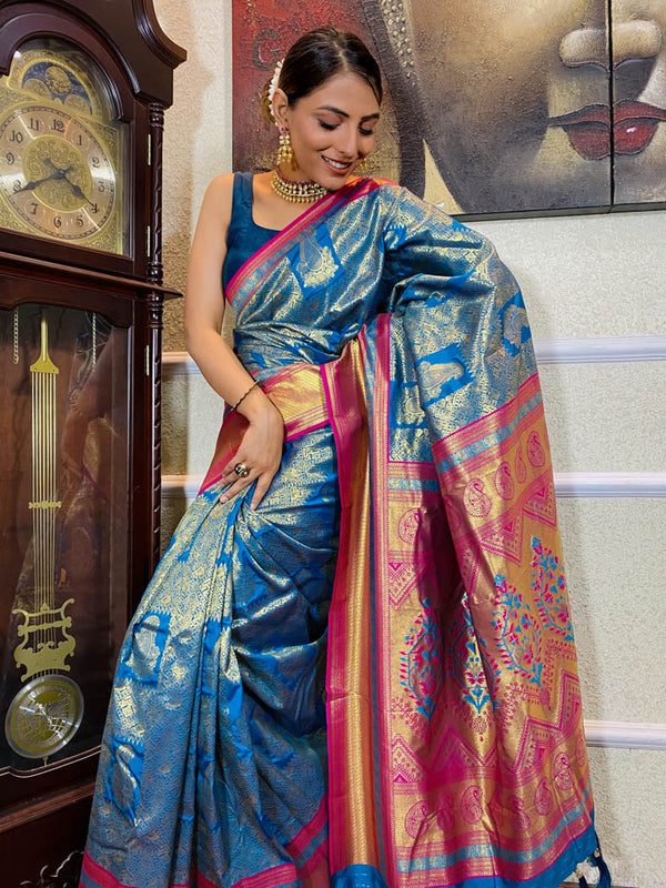 Azure Blue Kanjeevaram Silk Banarasi Handloom Saree