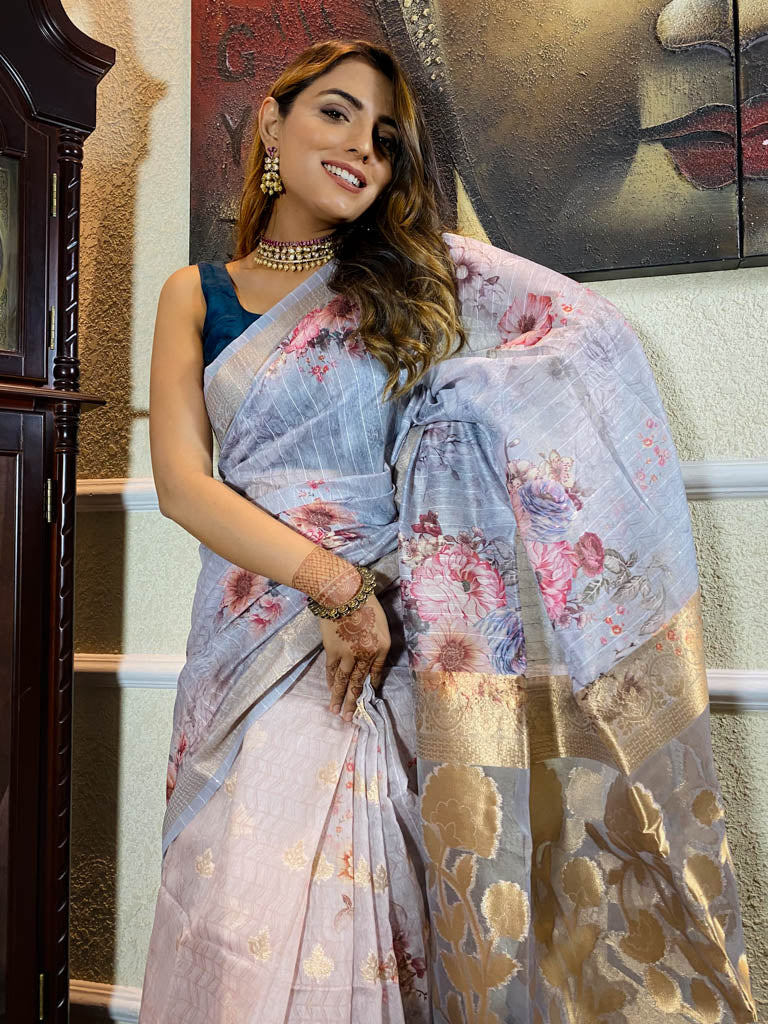 Lilac Grey Kora Silk Saree