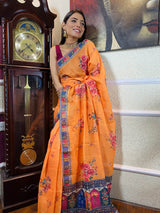Apricot Orange Linen Sequined Saree