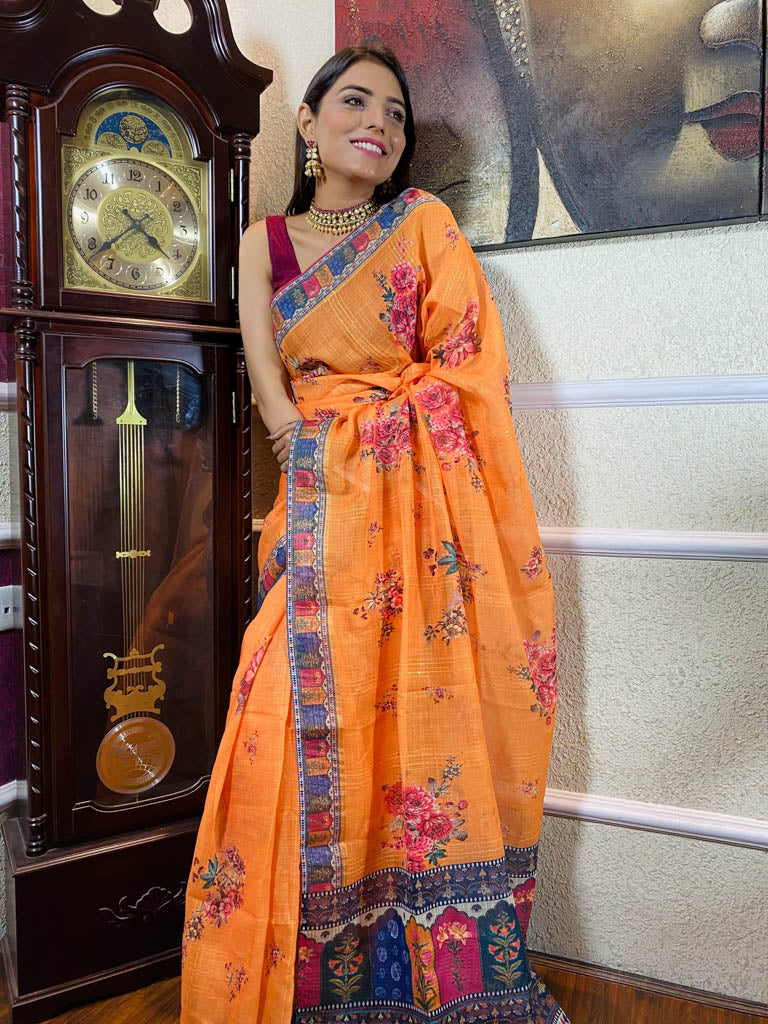 Apricot Orange Linen Sequined Saree