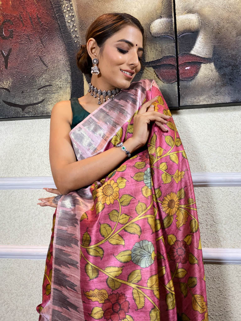 Onion Pink Kalamkari Handloom Tussar Silk Saree