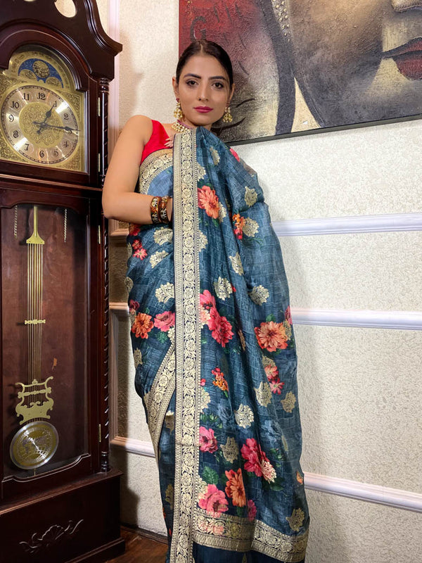 Azure Blue Designer Banarasi Silk Saree