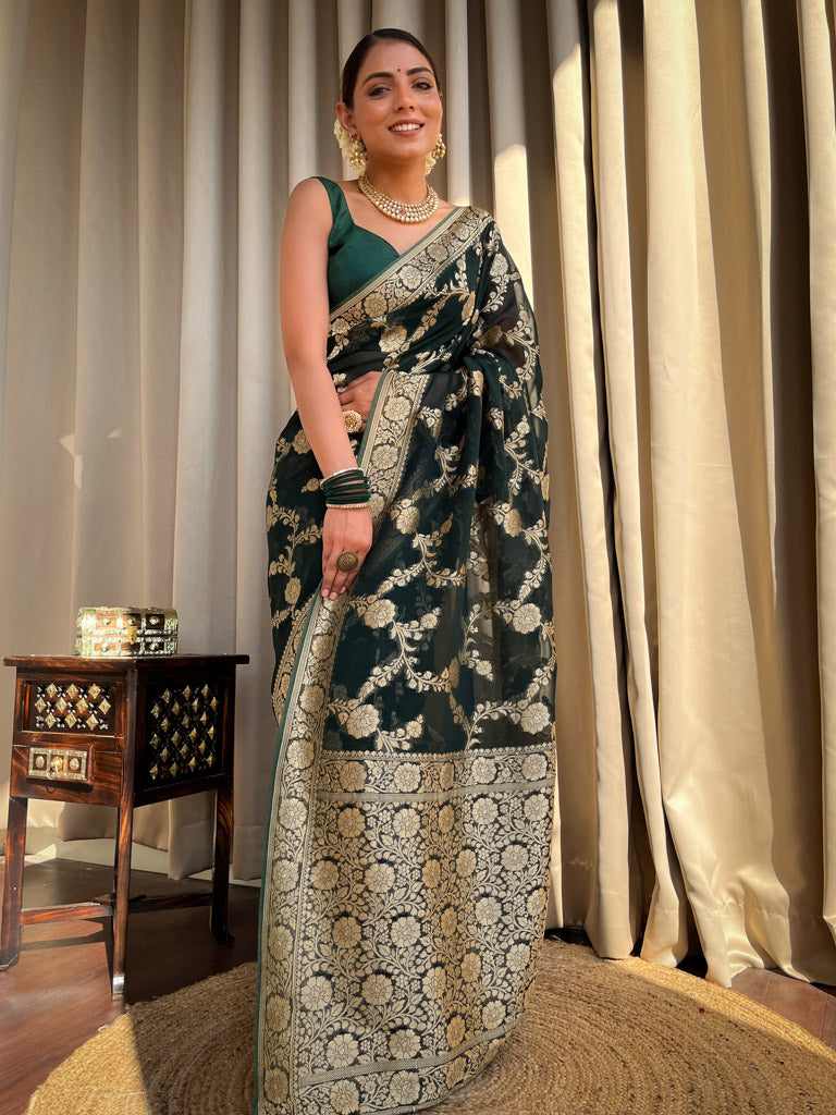 Bottle Green Banarasi Khaddi Weaved Georgette Saree