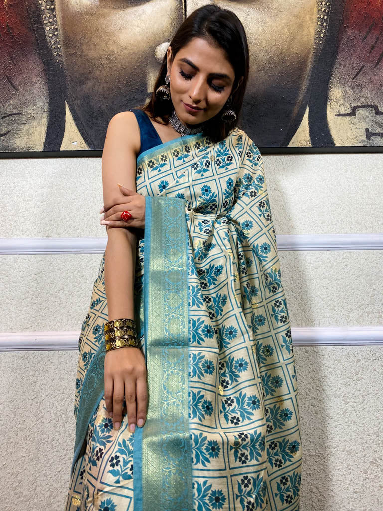 Cream White Uppada Cotton Silk Saree