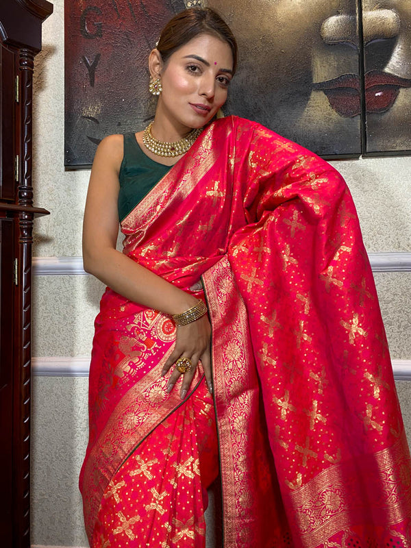 Carrot Red Banarasi Ghatchola Handloom Silk Saree