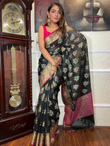 Midnight Black Woven Cotton Silk Saree