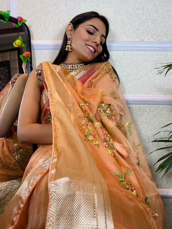 Pastel Peach Organza Silk Saree