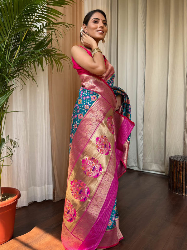 Cerulean Blue Patola Silk Saree