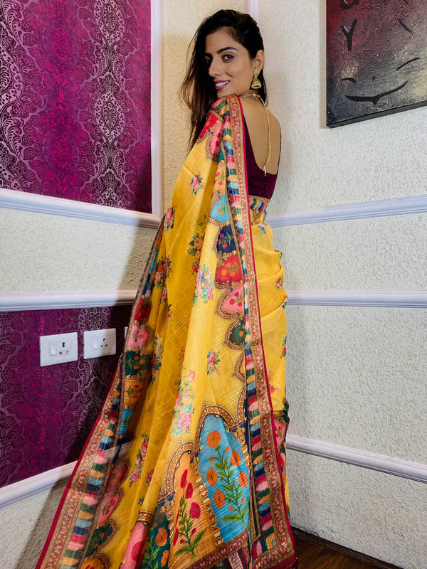Tuscan Yellow Linen Sequined Saree