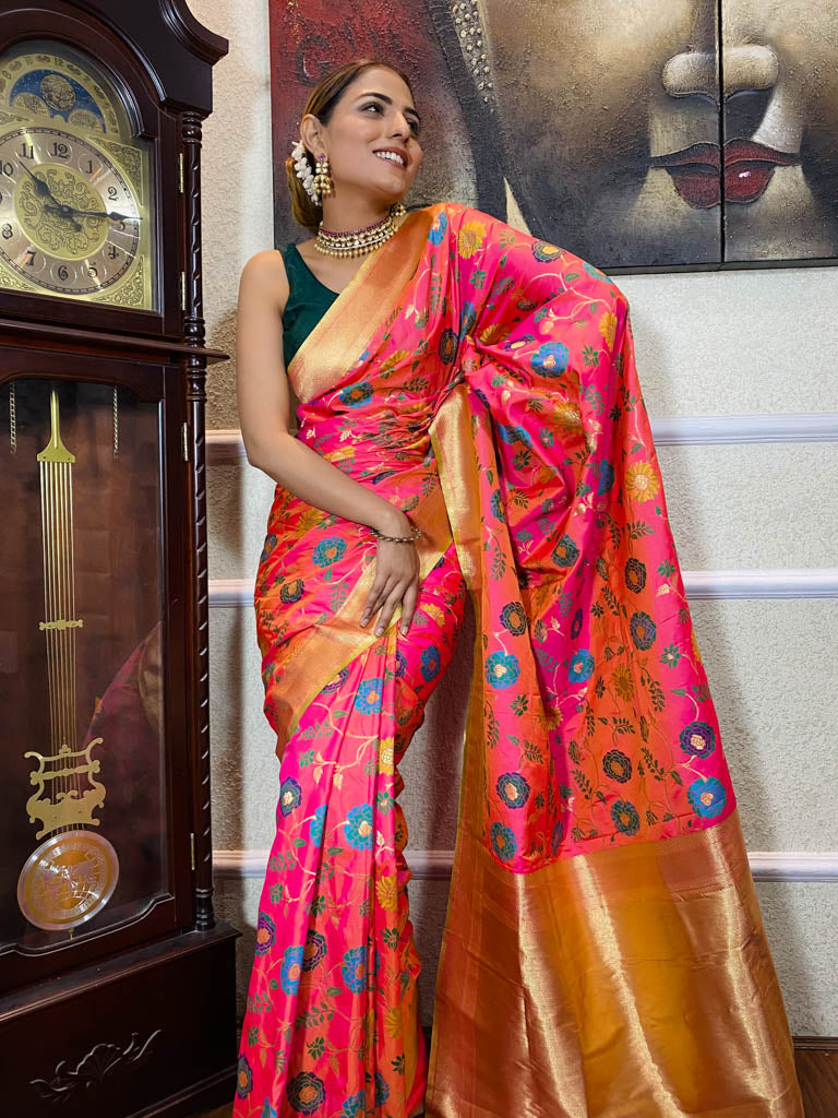 Carrot Pink Banarasi Silk Saree