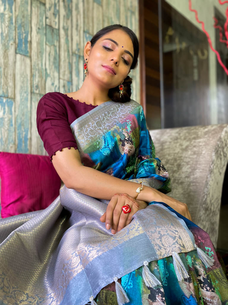 Azure Blue Uppada Cotton Silk Saree