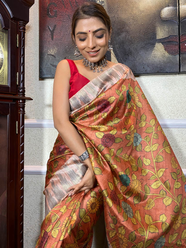 Carrot Orange Kalamkari Handloom Tussar Silk Saree