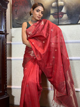 Apple Red Handloom Tussar Silk Saree