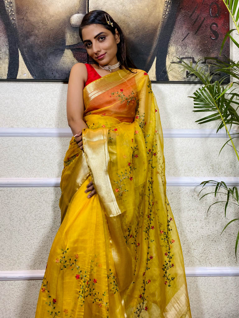 Canary Yellow Organza Silk Saree