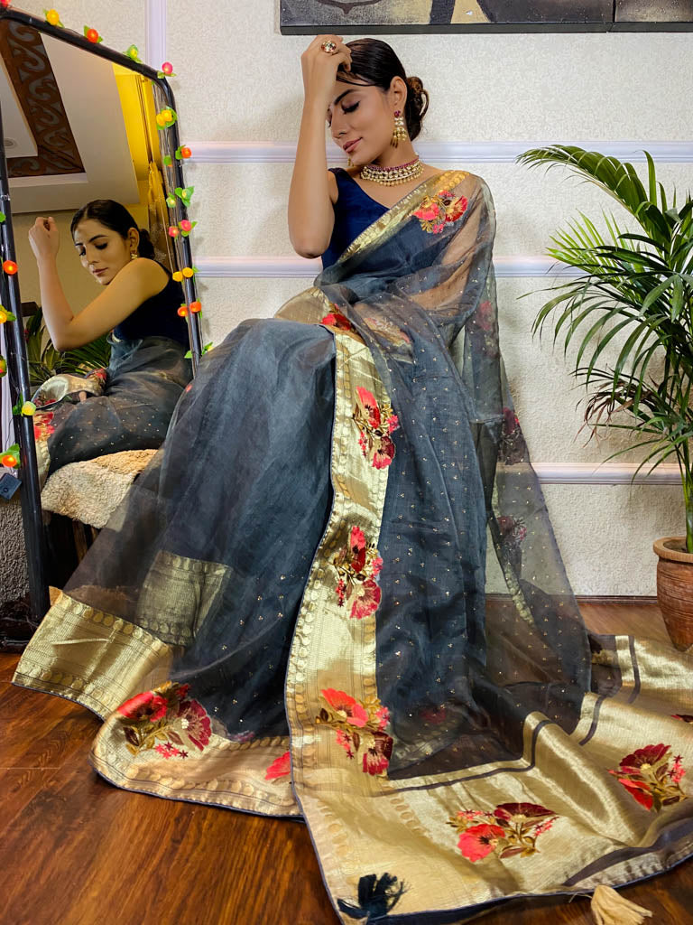 Millennium Grey Organza Silk Saree