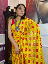 Sacred Yellow Red Georgette Bandhej Saree