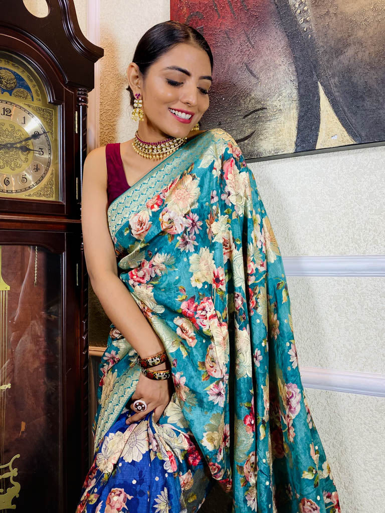 Ocean Navy Blue Designer Banarasi Silk Saree
