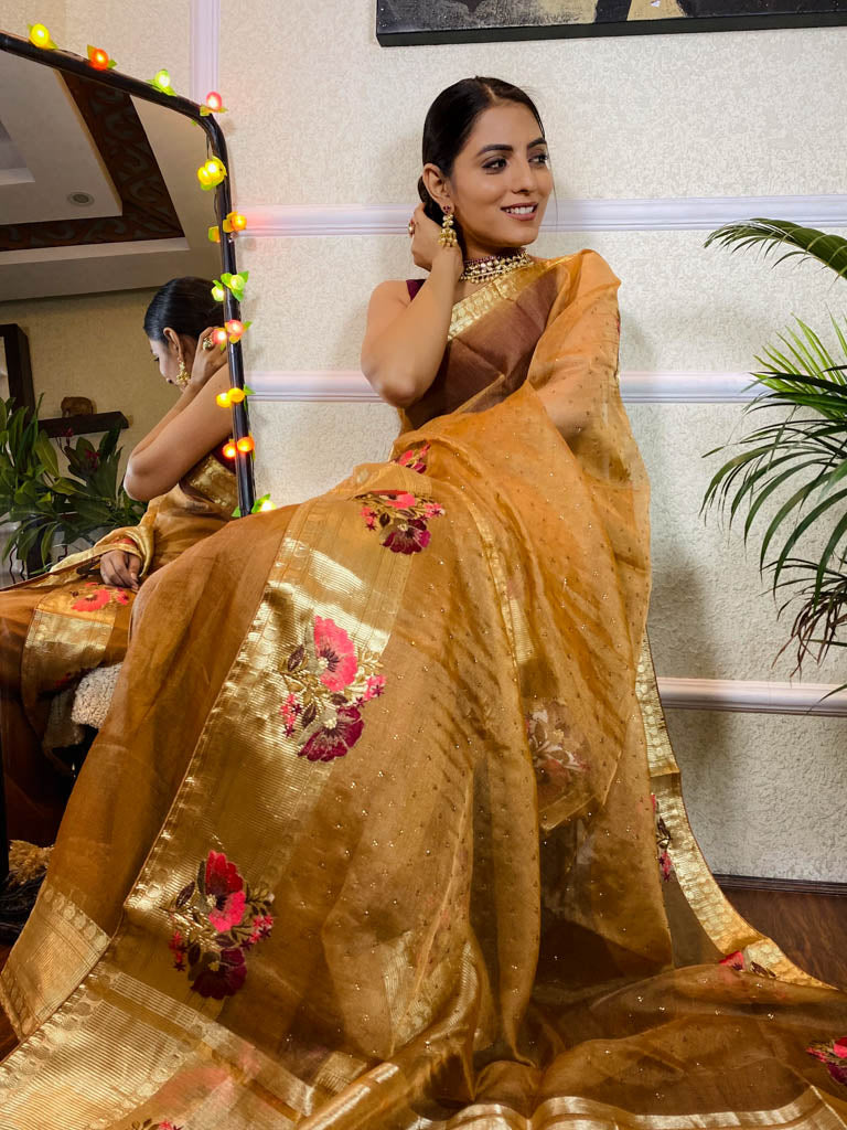 Peanut Brown Organza Silk Saree