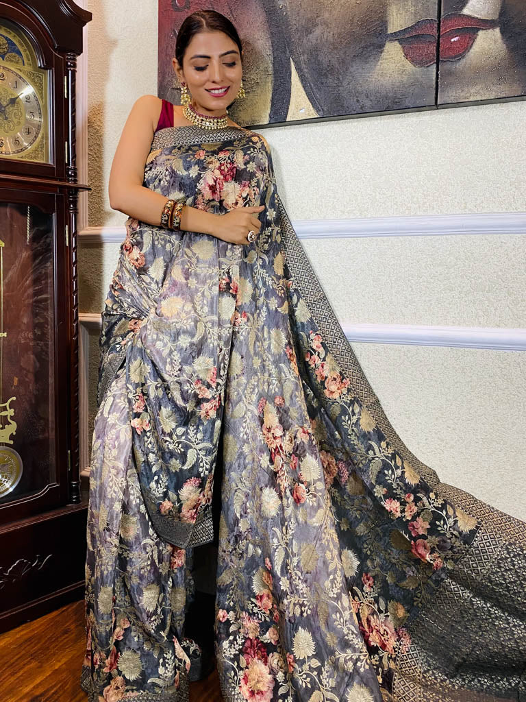 Fossil Grey Designer Banarasi Silk Saree