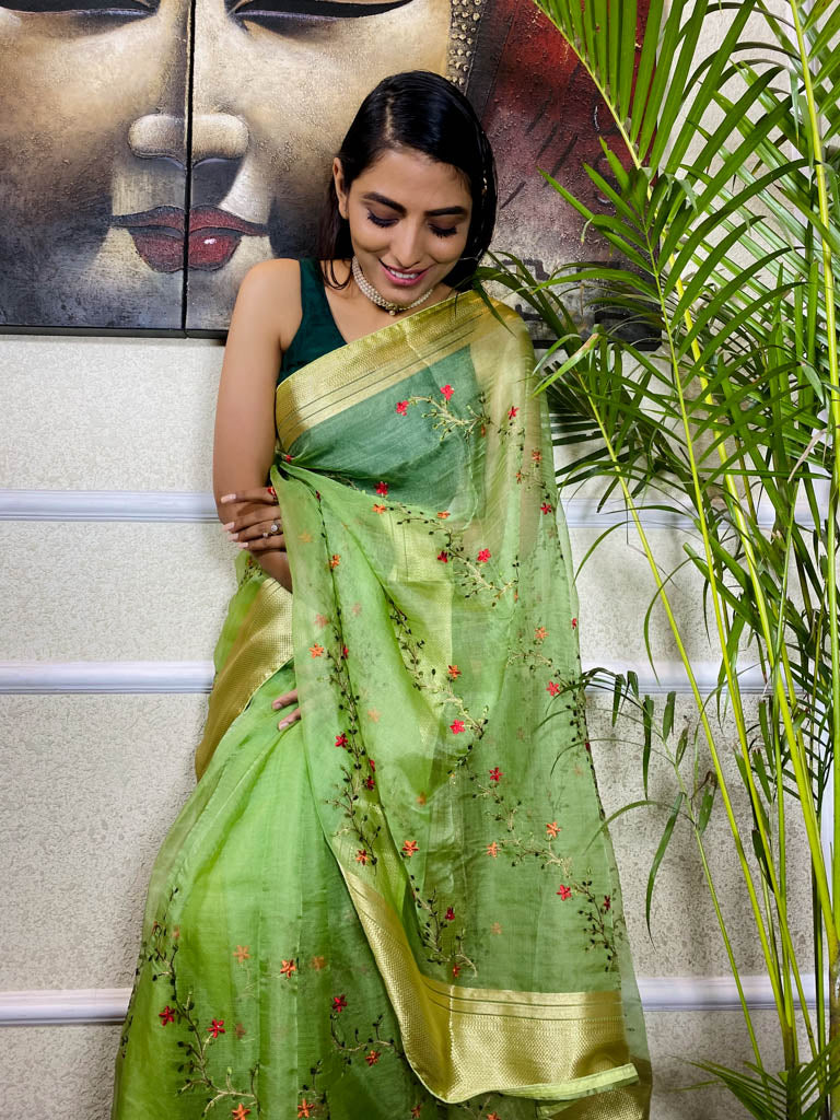 Parakeet Green Organza Silk Saree