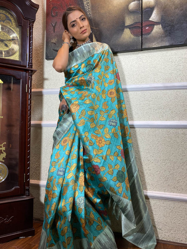 Carolina Blue Kalamkari Handloom Tussar Silk Saree