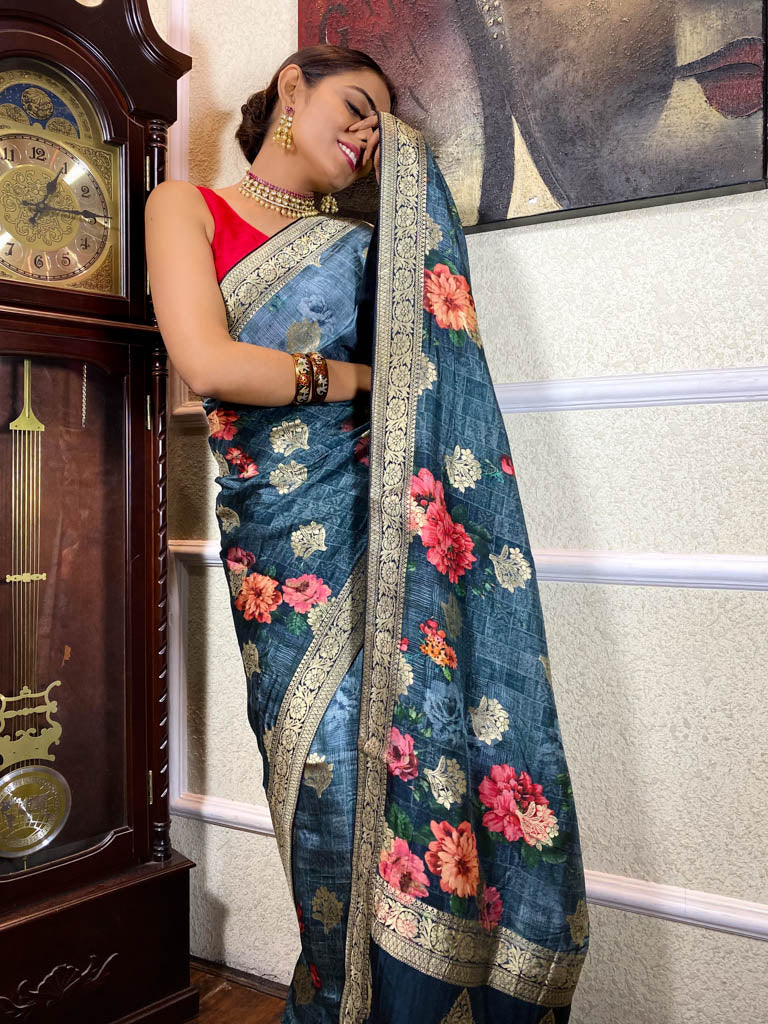 Azure Blue Designer Banarasi Silk Saree