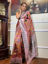 Onion Pink Kalamkari Handloom Tussar Silk Saree