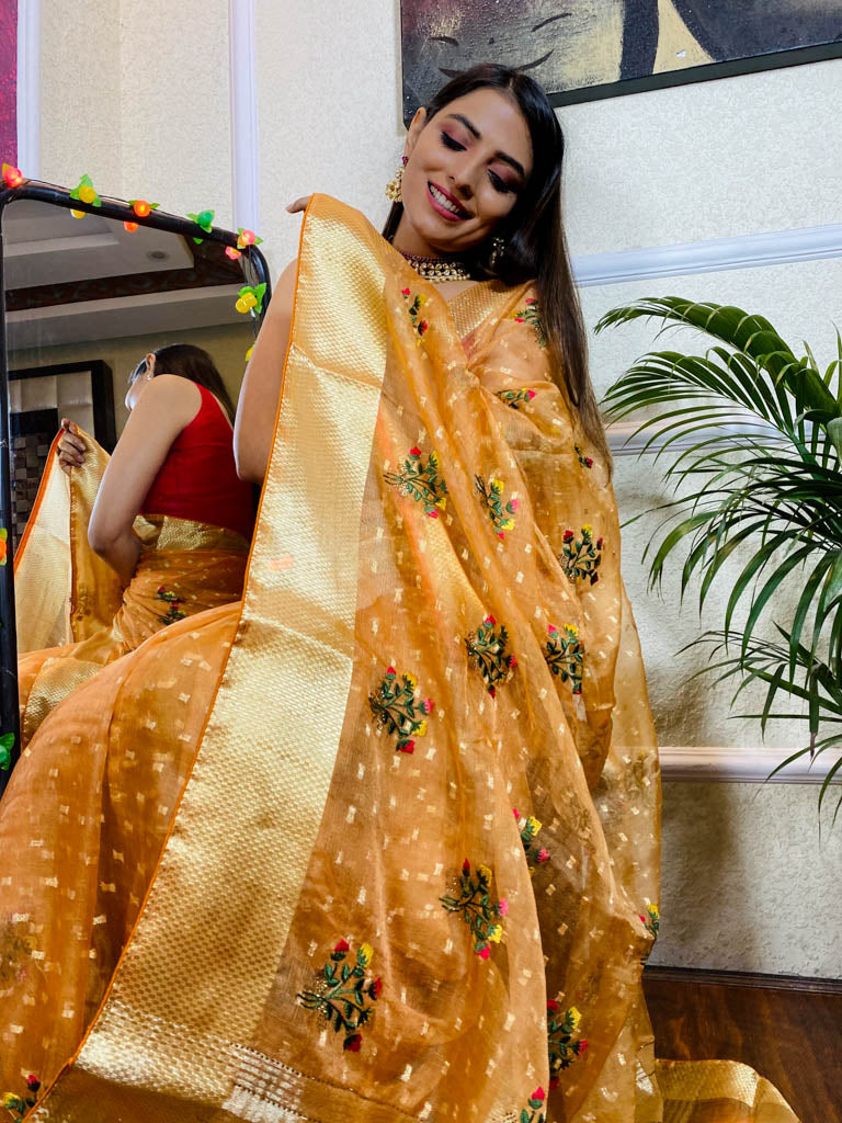 Tangerine Orange Organza Silk Saree
