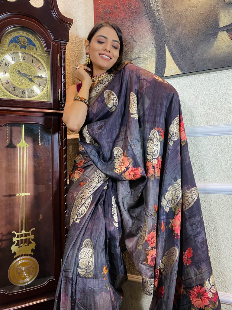 Raisin Grey Designer Banarasi Silk Saree