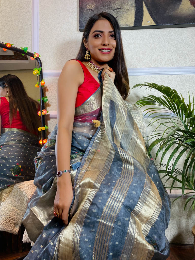 Smoky Grey Organza Silk Saree