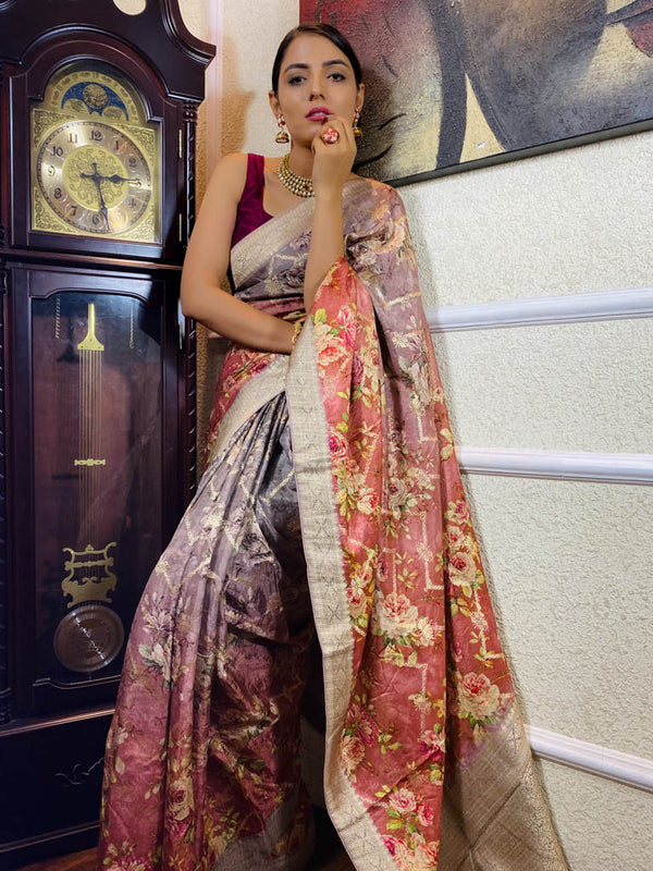 Flint Grey Red Designer Banarasi Silk Saree