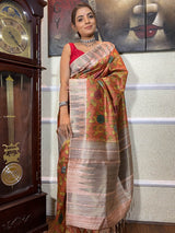 Carrot Orange Kalamkari Handloom Tussar Silk Saree