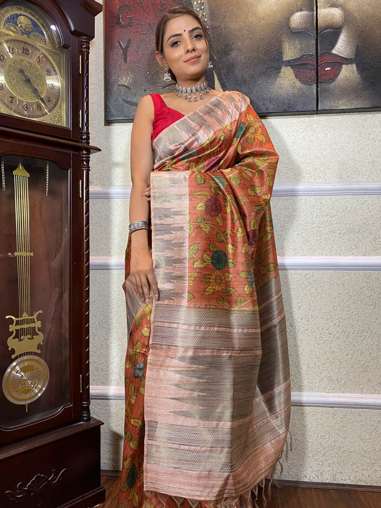 Carrot Orange Kalamkari Handloom Tussar Silk Saree