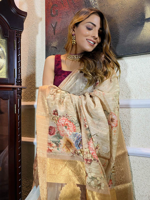 Beige Kora Silk Saree