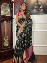 Midnight Black Woven Cotton Silk Saree