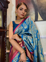 Azure Blue Kanjeevaram Silk Banarasi Handloom Saree