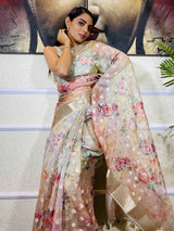 Oyster Tan Organza Silk Saree