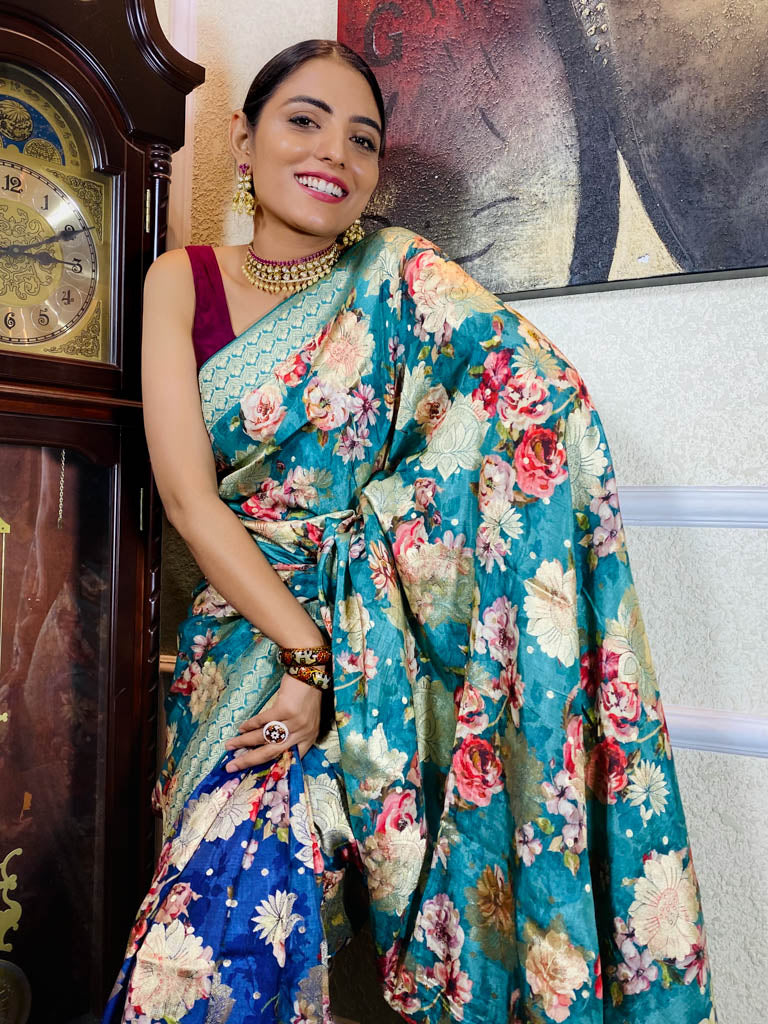 Ocean Navy Blue Designer Banarasi Silk Saree